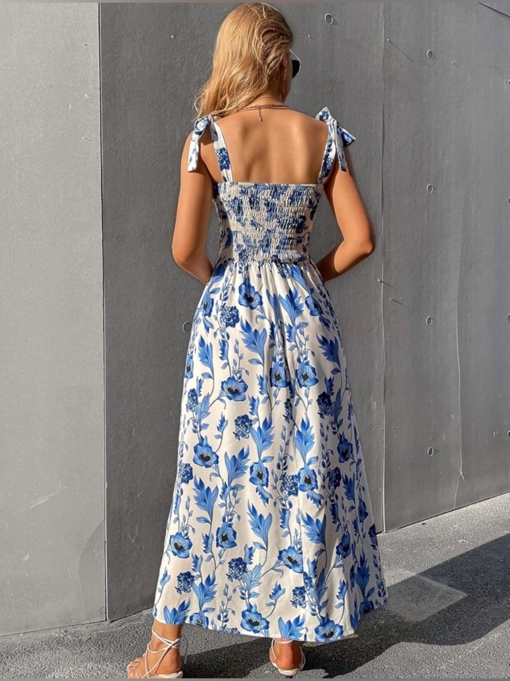 NWOT Stunning Blue Floral Tie-Shoulder Midi Dress size Large - Picture 2 of 8